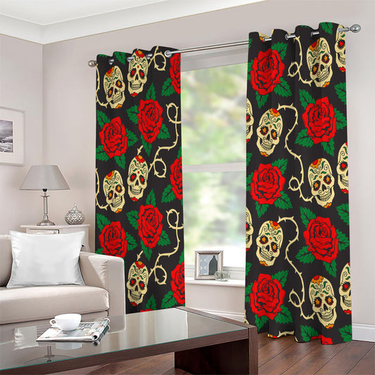 Rose Flower Sugar Skull Pattern Print Extra Wide Grommet Curtains
