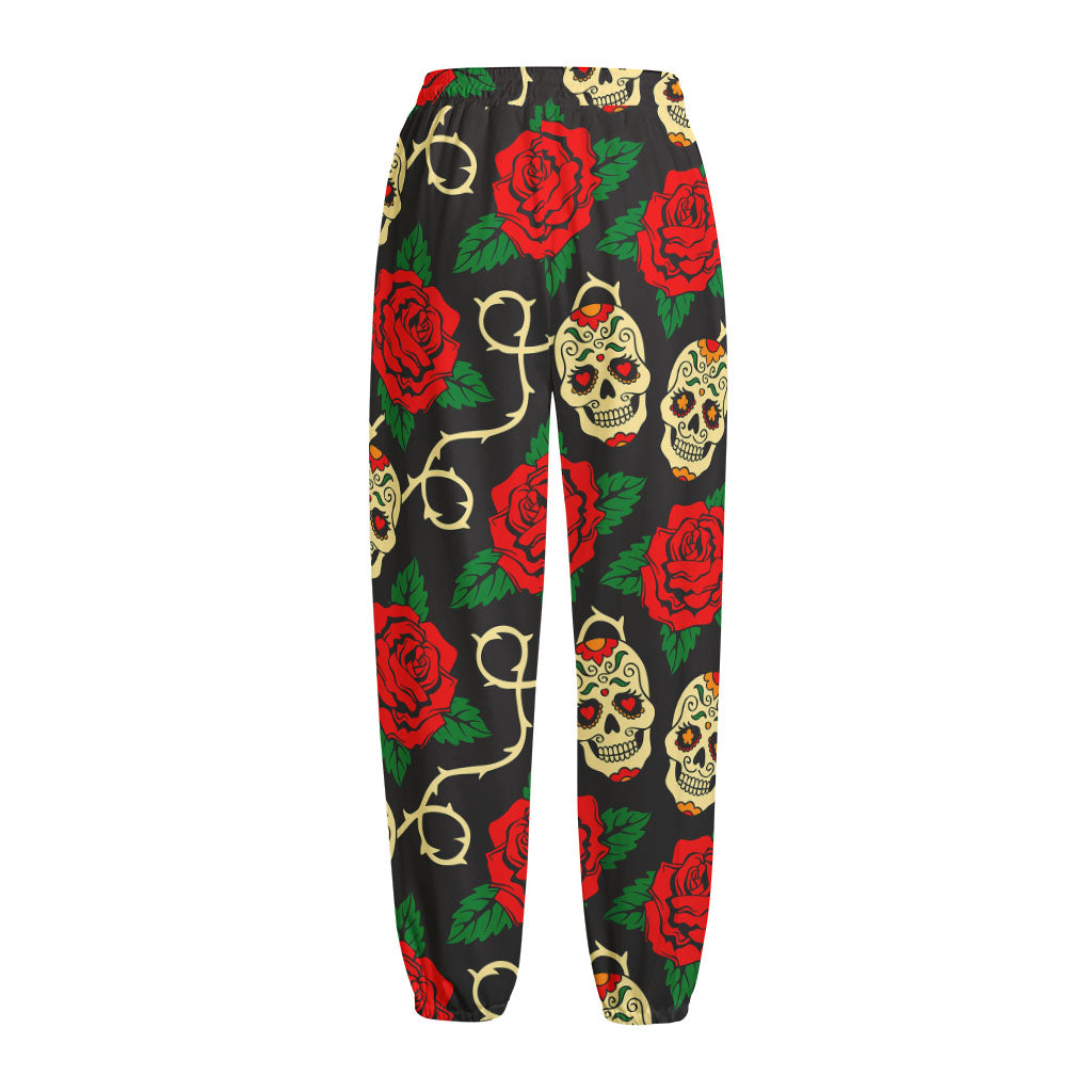 Rose Flower Sugar Skull Pattern Print Fleece Lined Knit Pants