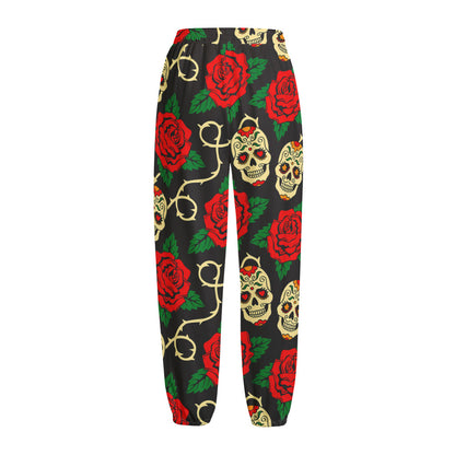 Rose Flower Sugar Skull Pattern Print Fleece Lined Knit Pants
