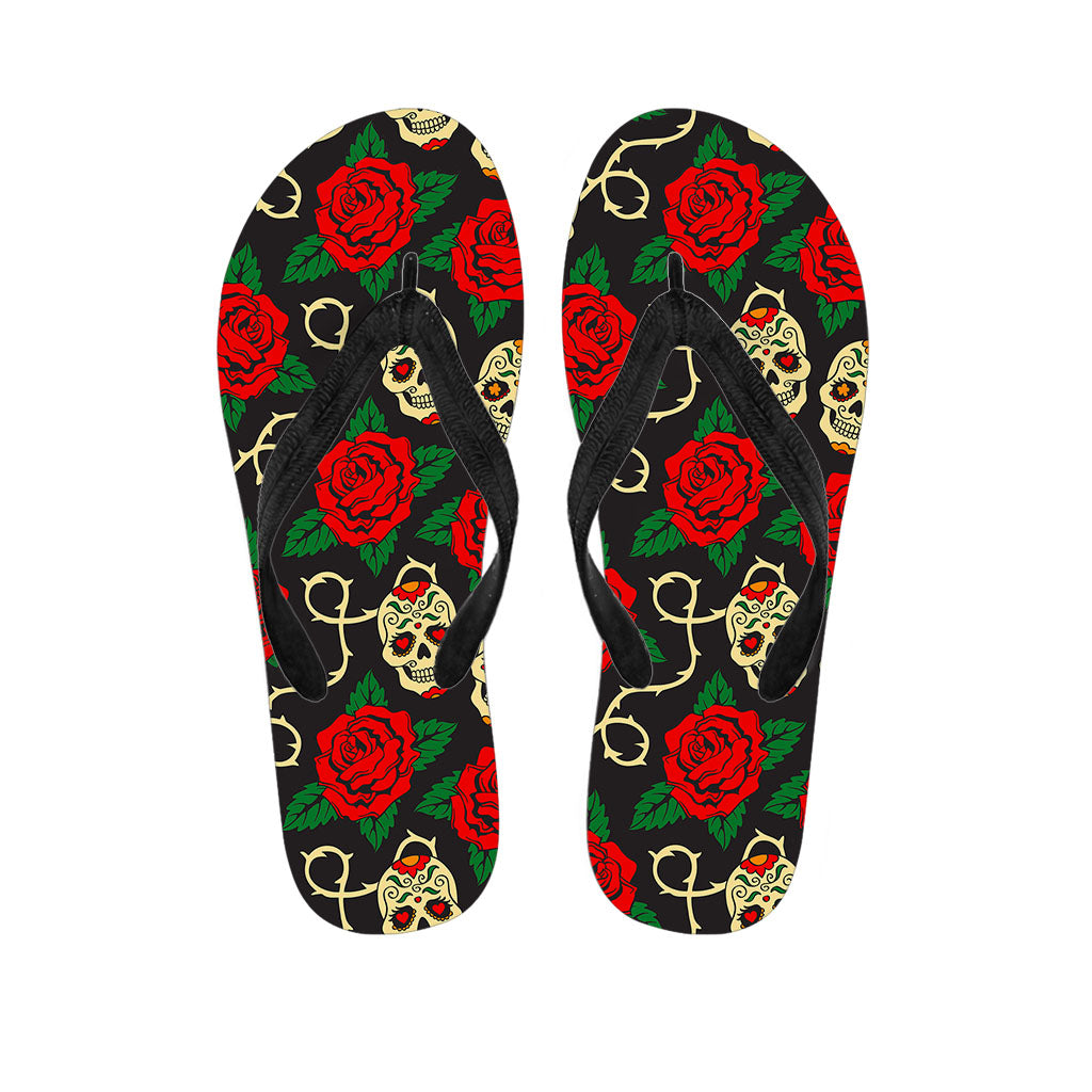 Rose Flower Sugar Skull Pattern Print Flip Flops