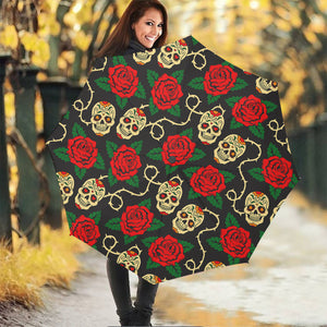 Rose Flower Sugar Skull Pattern Print Foldable Umbrella