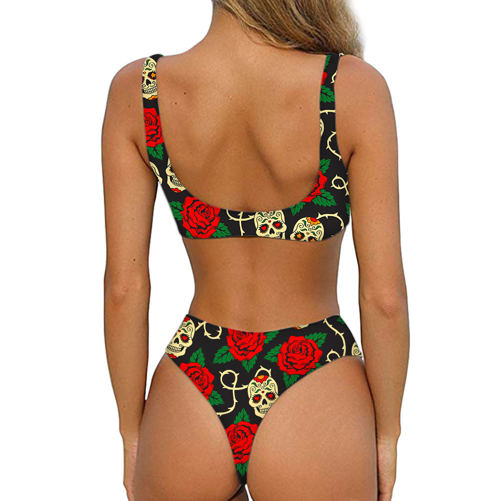 Rose Flower Sugar Skull Pattern Print Front Bow Tie Bikini