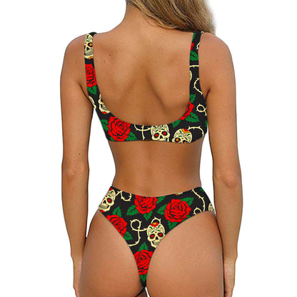 Rose Flower Sugar Skull Pattern Print Front Bow Tie Bikini