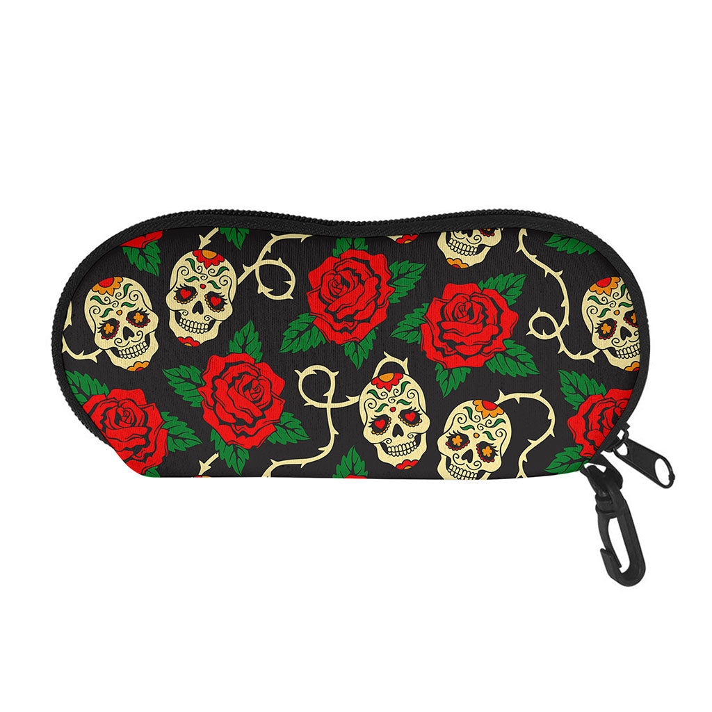 Rose Flower Sugar Skull Pattern Print Glasses Case