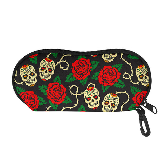 Rose Flower Sugar Skull Pattern Print Glasses Case