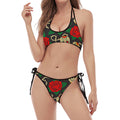 Rose Flower Sugar Skull Pattern Print Halter Scoop Tie Side Bikini