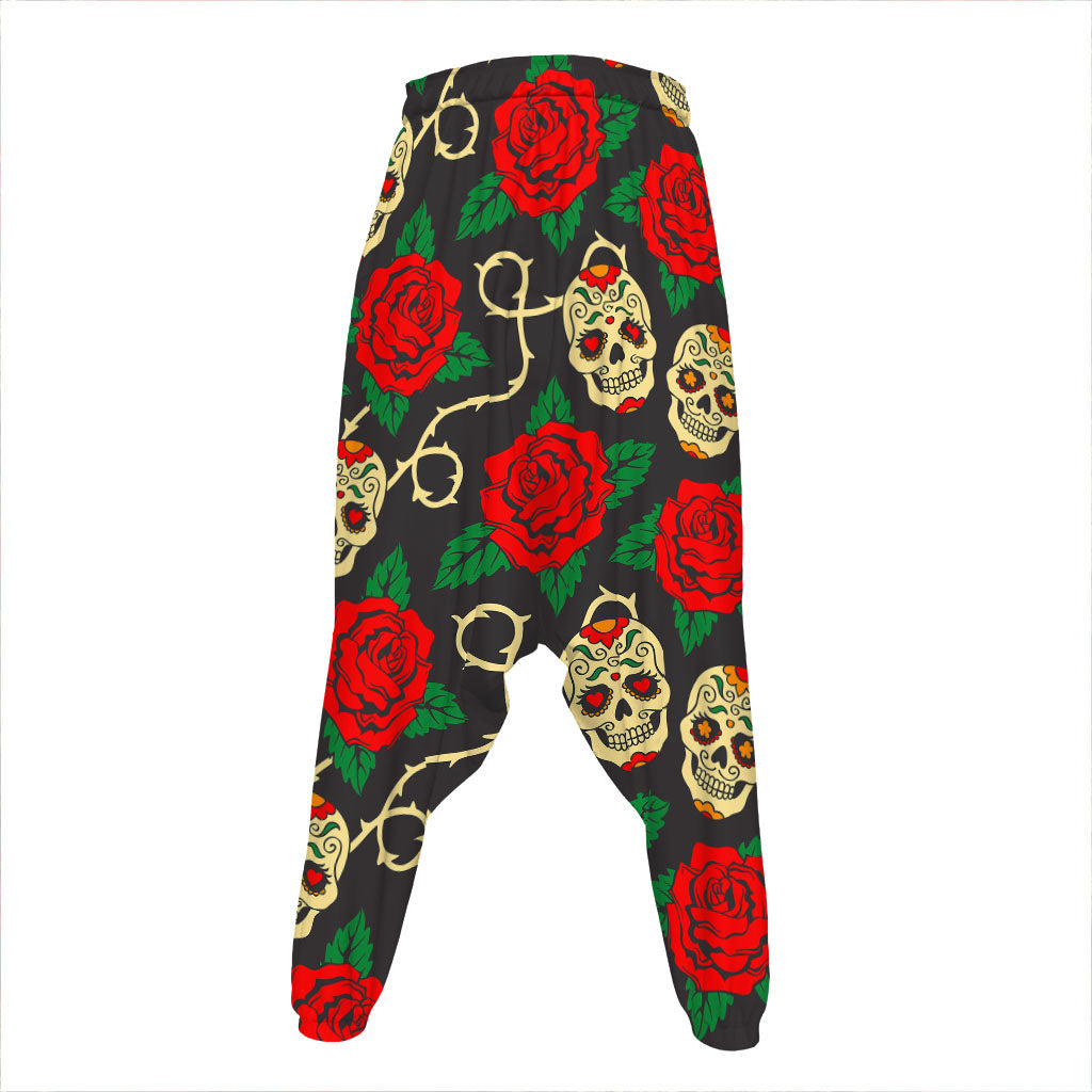 Rose Flower Sugar Skull Pattern Print Hammer Pants