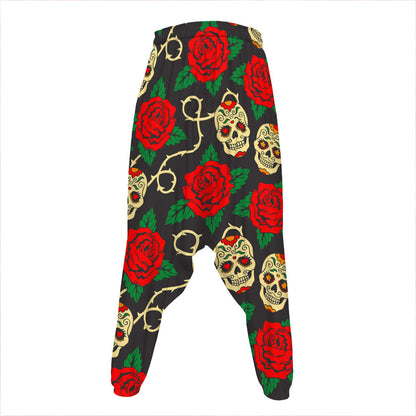 Rose Flower Sugar Skull Pattern Print Hammer Pants