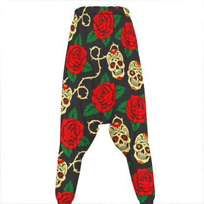 Rose Flower Sugar Skull Pattern Print Hammer Pants