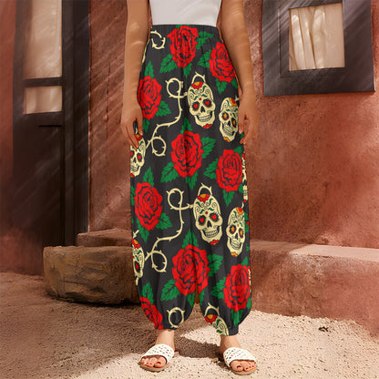 Rose Flower Sugar Skull Pattern Print Harem Pants