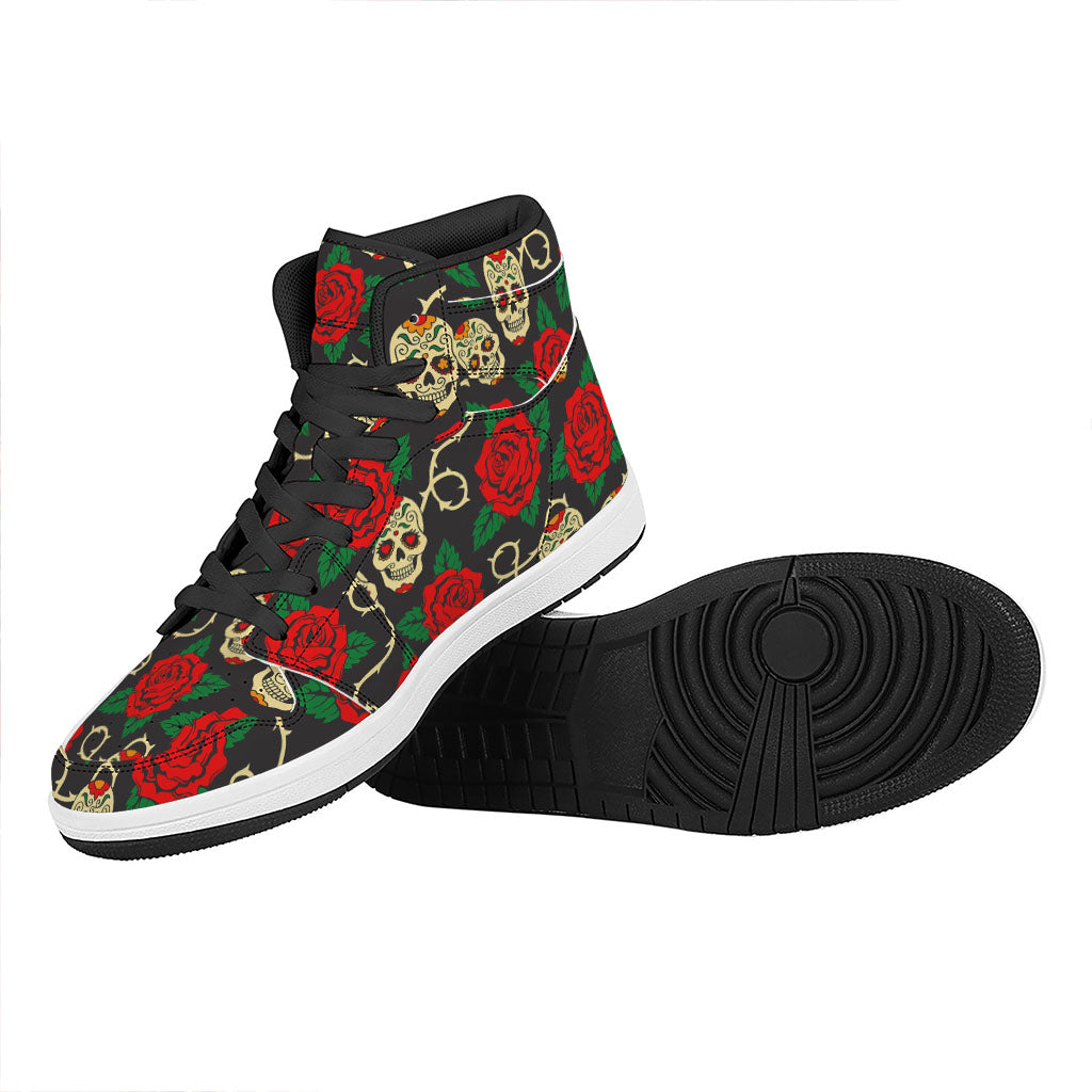 Rose Flower Sugar Skull Pattern Print High Top Leather Sneakers