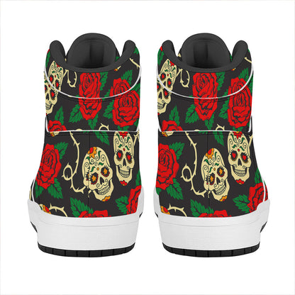 Rose Flower Sugar Skull Pattern Print High Top Leather Sneakers