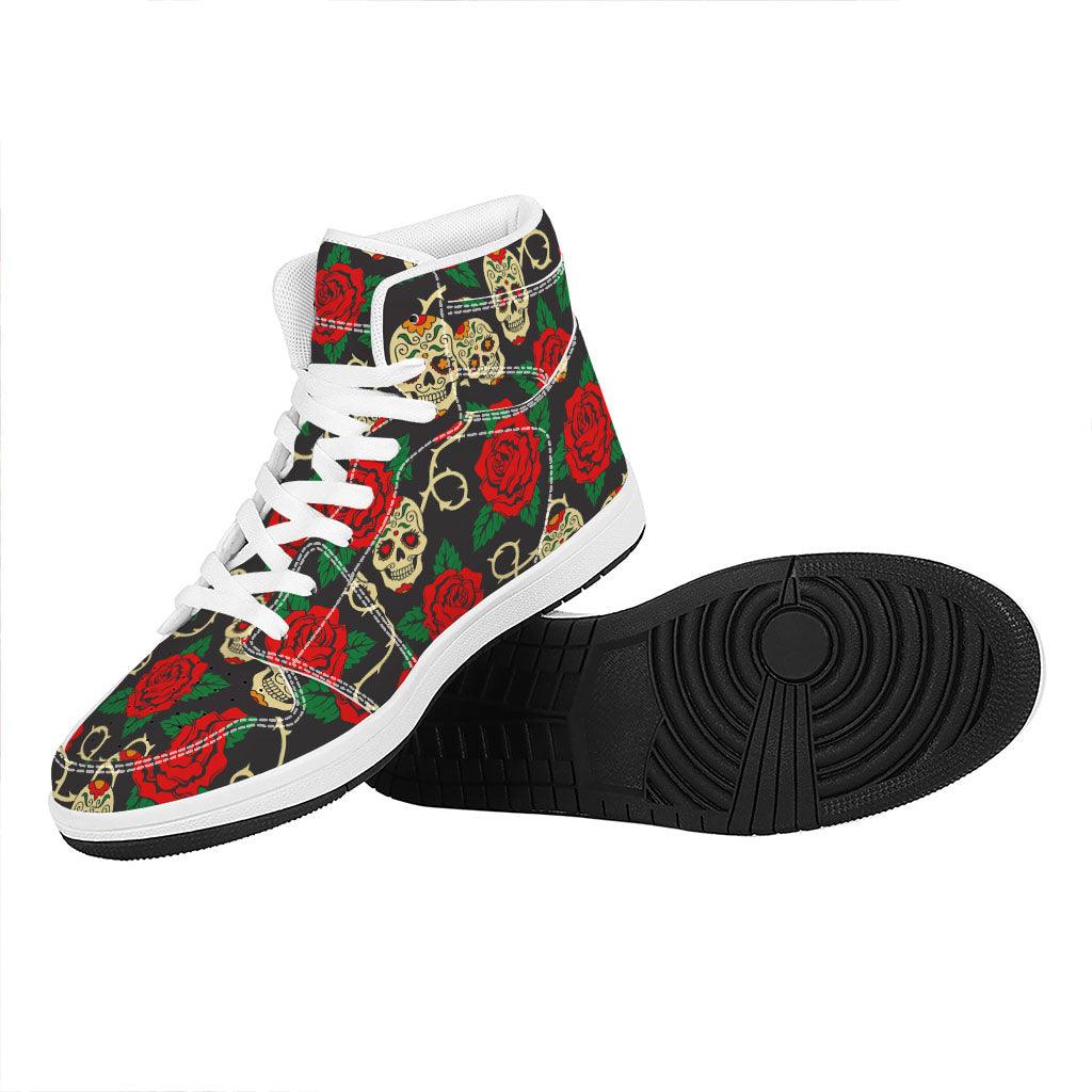 Rose Flower Sugar Skull Pattern Print High Top Leather Sneakers