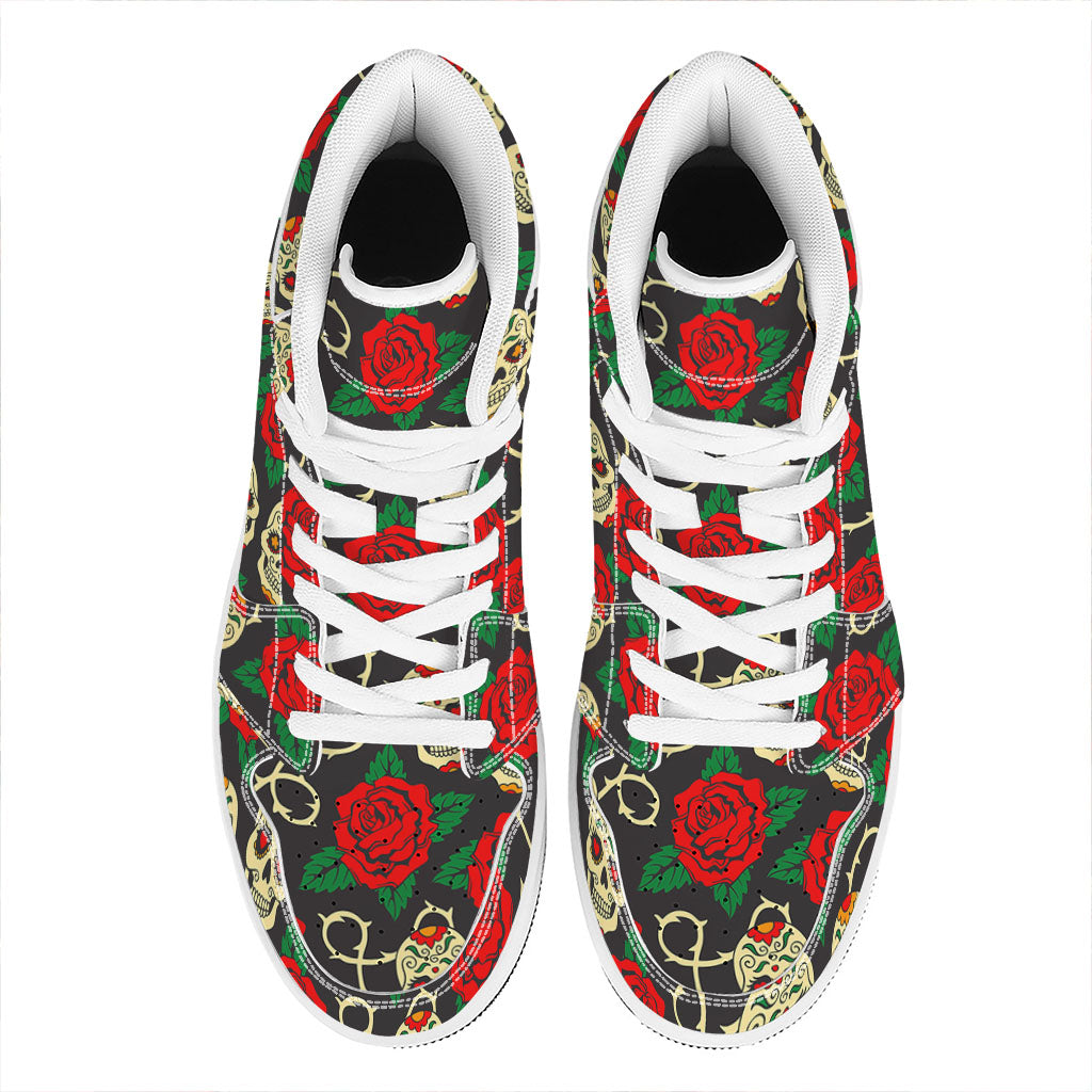 Rose Flower Sugar Skull Pattern Print High Top Leather Sneakers