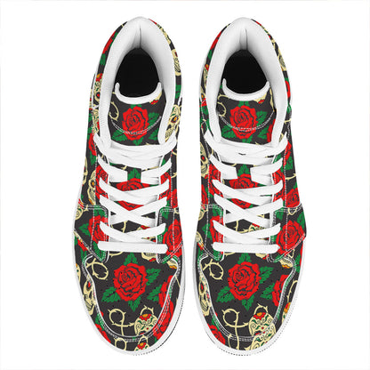 Rose Flower Sugar Skull Pattern Print High Top Leather Sneakers