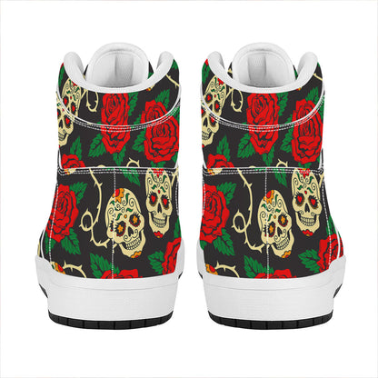 Rose Flower Sugar Skull Pattern Print High Top Leather Sneakers