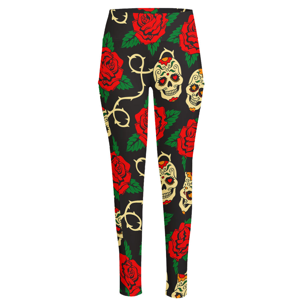 Rose Flower Sugar Skull Pattern Print High-Waisted Pocket Leggings
