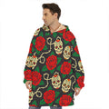 Rose Flower Sugar Skull Pattern Print Hoodie Blanket