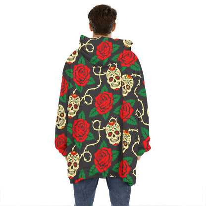 Rose Flower Sugar Skull Pattern Print Hoodie Blanket