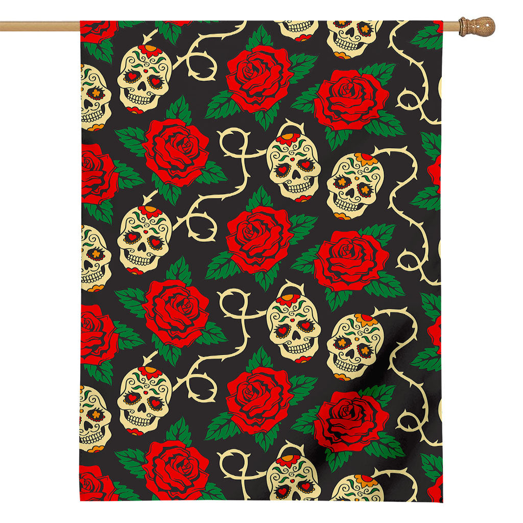 Rose Flower Sugar Skull Pattern Print House Flag