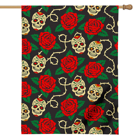 Rose Flower Sugar Skull Pattern Print House Flag