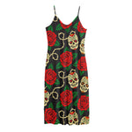 Rose Flower Sugar Skull Pattern Print Jersey Midi Cami Dress