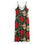 Rose Flower Sugar Skull Pattern Print Jersey Midi Cami Dress