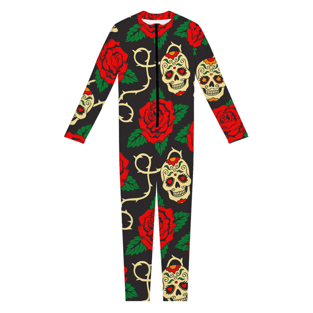 Rose Flower Sugar Skull Pattern Print Jumpsuit