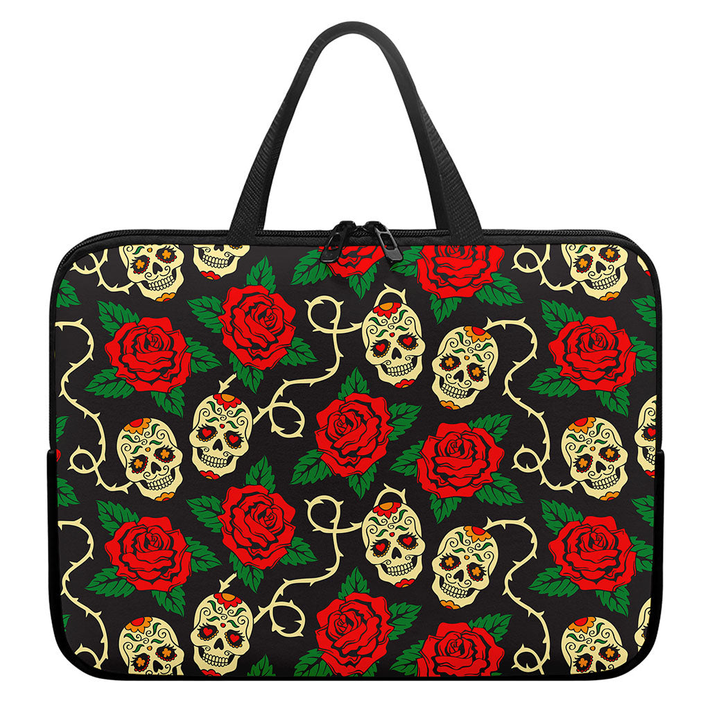 Rose Flower Sugar Skull Pattern Print Laptop Sleeve With Handle