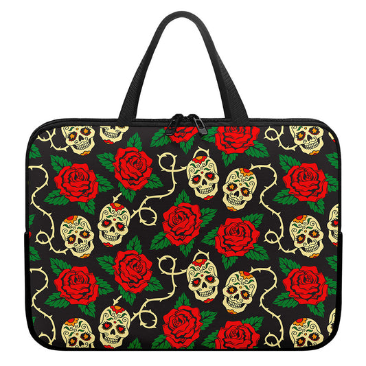 Rose Flower Sugar Skull Pattern Print Laptop Sleeve With Handle