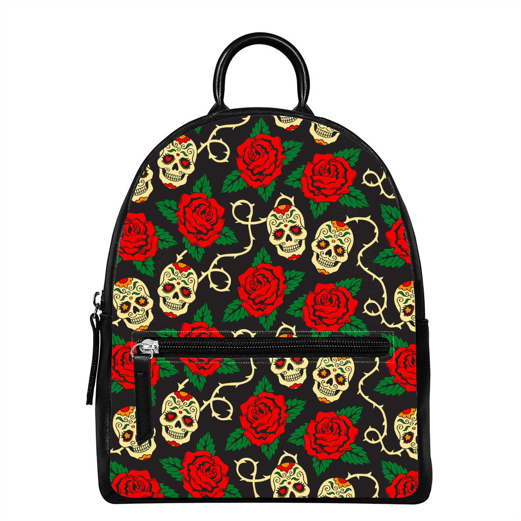 Rose Flower Sugar Skull Pattern Print Leather Backpack