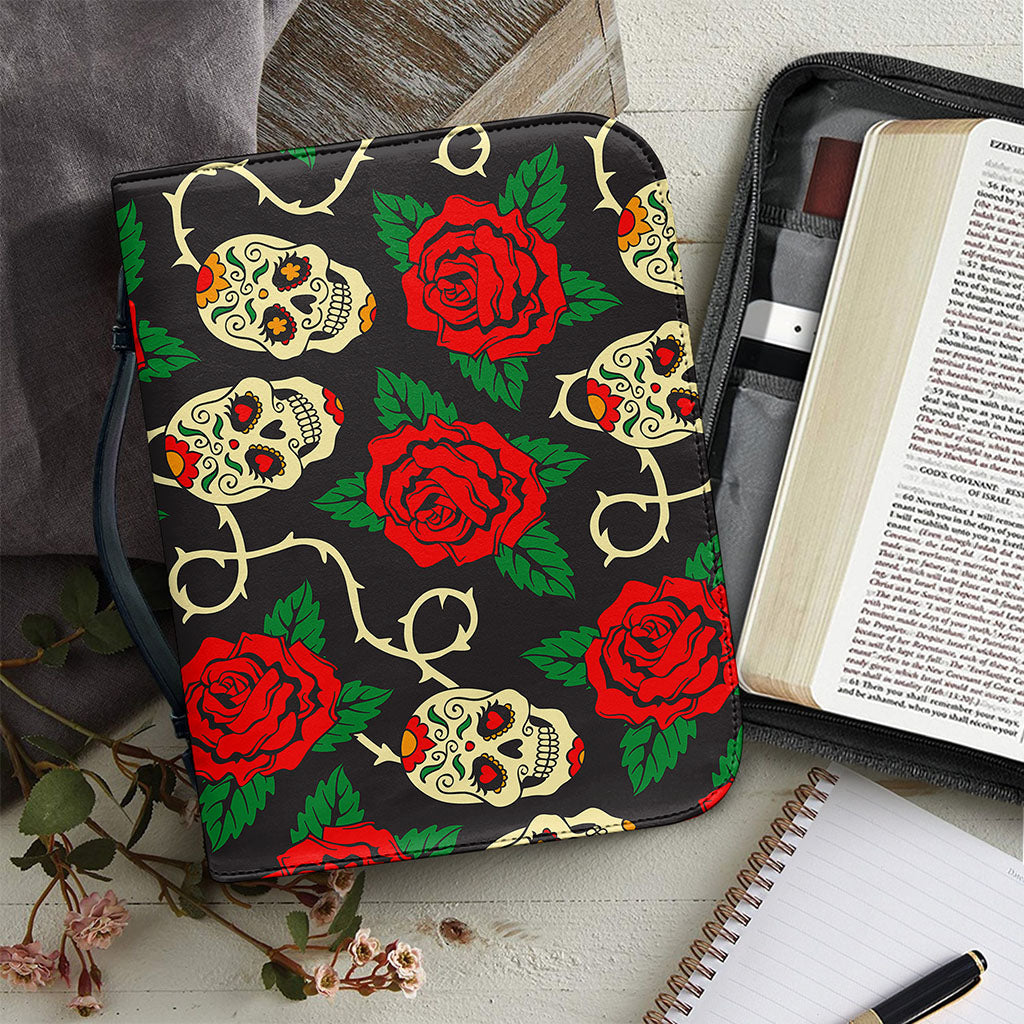 Rose Flower Sugar Skull Pattern Print Leather Bible Cover