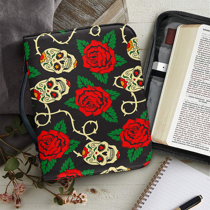 Rose Flower Sugar Skull Pattern Print Leather Bible Cover