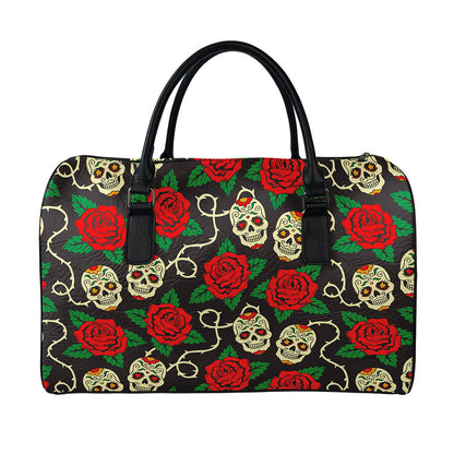 Rose Flower Sugar Skull Pattern Print Leather Duffle Bag