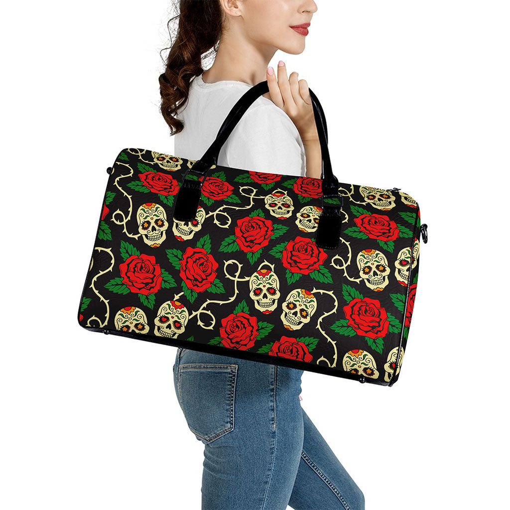 Rose Flower Sugar Skull Pattern Print Leather Duffle Bag