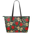 Rose Flower Sugar Skull Pattern Print Leather Tote Bag With Zipper