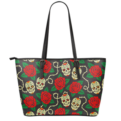 Rose Flower Sugar Skull Pattern Print Leather Tote Bag