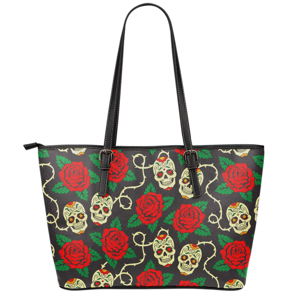 Rose Flower Sugar Skull Pattern Print Leather Tote Bag