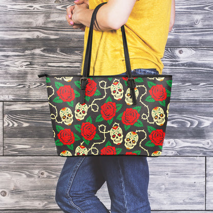 Rose Flower Sugar Skull Pattern Print Leather Tote Bag