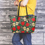 Rose Flower Sugar Skull Pattern Print Leather Tote Bag
