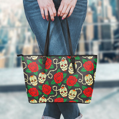 Rose Flower Sugar Skull Pattern Print Leather Tote Bag