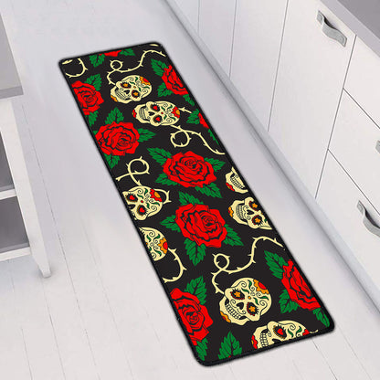 Rose Flower Sugar Skull Pattern Print Long Kitchen Mat