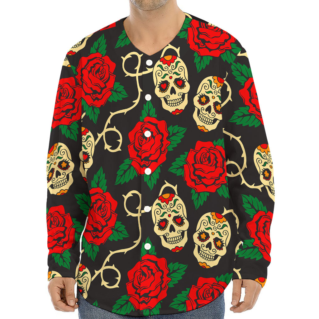 Rose Flower Sugar Skull Pattern Print Long Sleeve Baseball Jersey