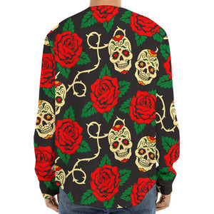 Rose Flower Sugar Skull Pattern Print Long Sleeve Baseball Jersey