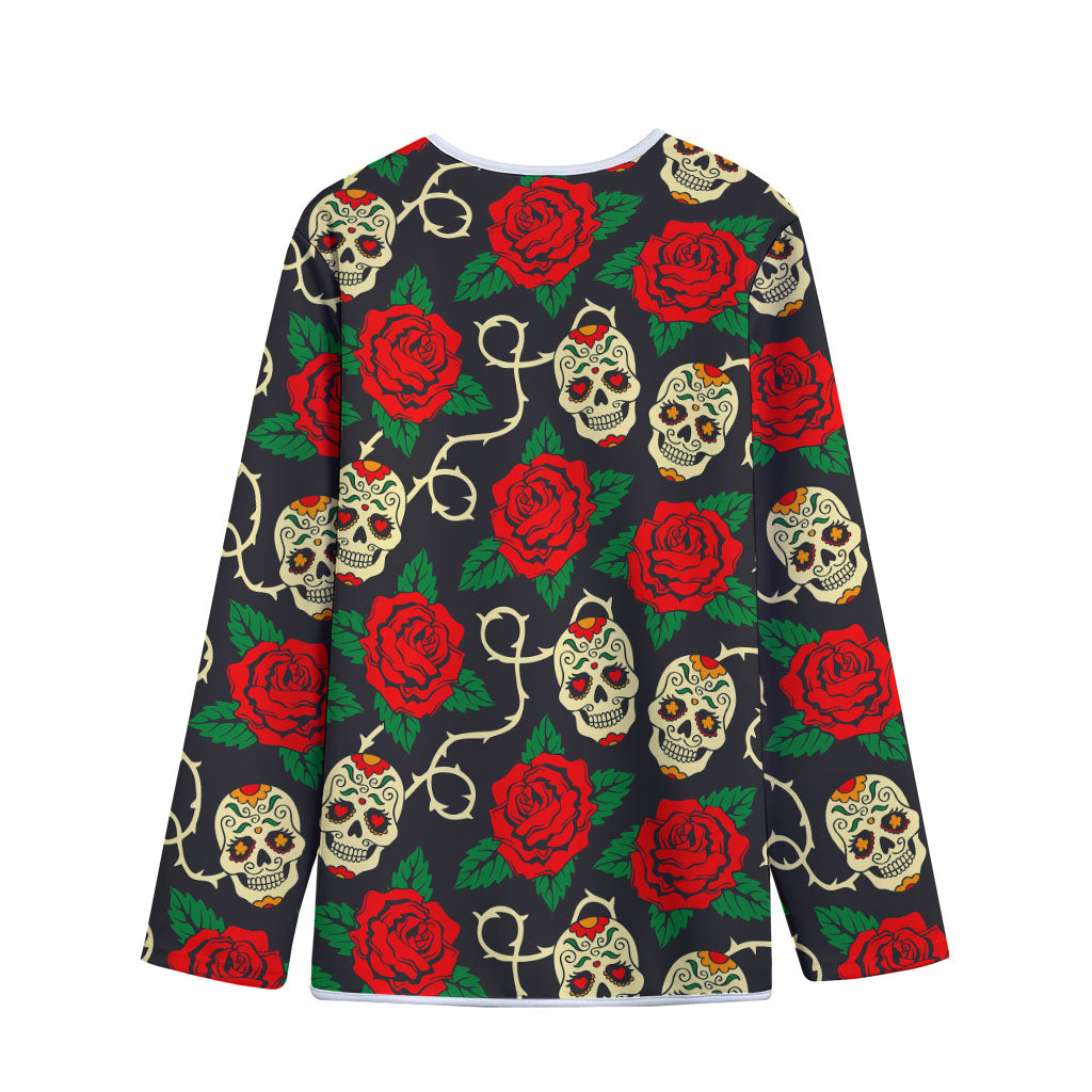 Rose Flower Sugar Skull Pattern Print Long Sleeve Short Coat