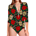 Rose Flower Sugar Skull Pattern Print Long Sleeve Swimsuit