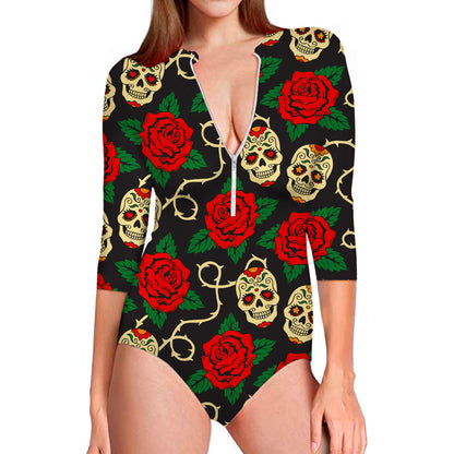 Rose Flower Sugar Skull Pattern Print Long Sleeve Swimsuit