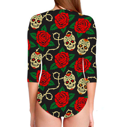 Rose Flower Sugar Skull Pattern Print Long Sleeve Swimsuit