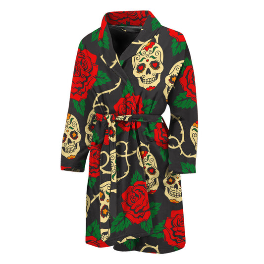 Rose Flower Sugar Skull Pattern Print Men's Bathrobe