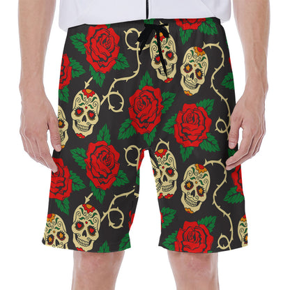 Rose Flower Sugar Skull Pattern Print Men's Beach Shorts